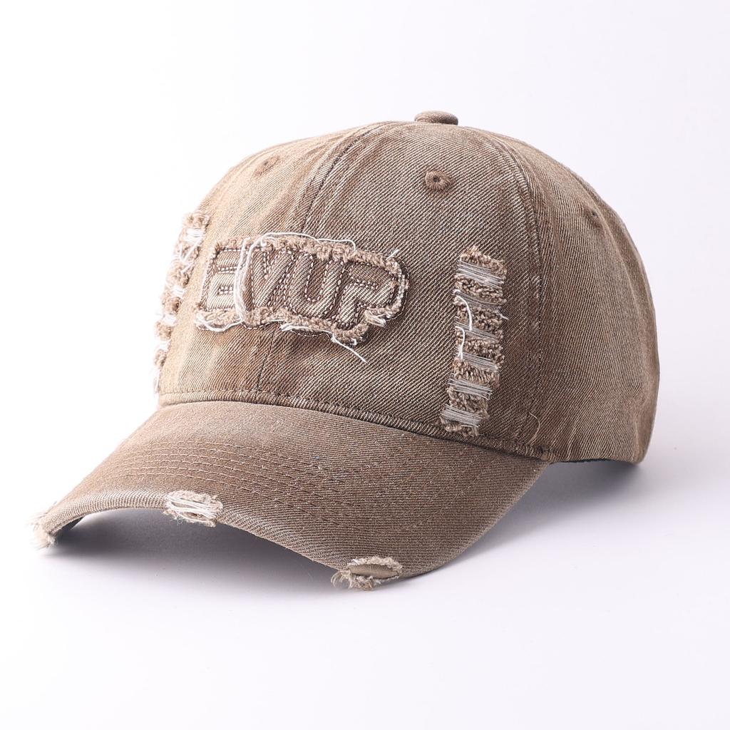 Retro and old denim ripped baseball cap big head circumference letter embroidery showing face small sunshade cap