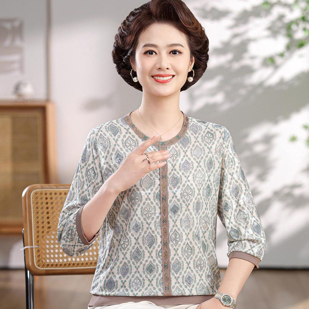 Mom's Spring/Summer Ice Silk Knit Top - Seven-Sleeve Style for Middle-Aged and Elderly Women