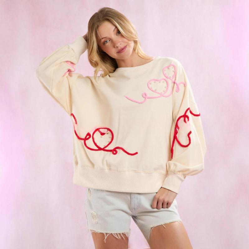 Осенние женские толстовки с длинным рукавом и узором в виде сердца, повседневные толстовки с вышитыми жемчугами, женские модные свободные зимние толстовки 25890 S слоновая кость