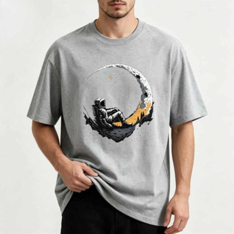 Unisexs Soft Cotton Oversized Tshirt Vintage Moon Astronaut Outer Space Print Short Sleeve Urban Streetwear Basic Tee Tops