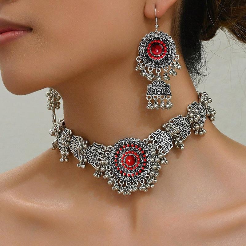 2025 Новые Ретро Преувеличенные Бирюзовые Серьги Комплект с Ожерельем Женский Индийский Этнический Стиль Бусины Винтажный Подходит Для Свадьбы