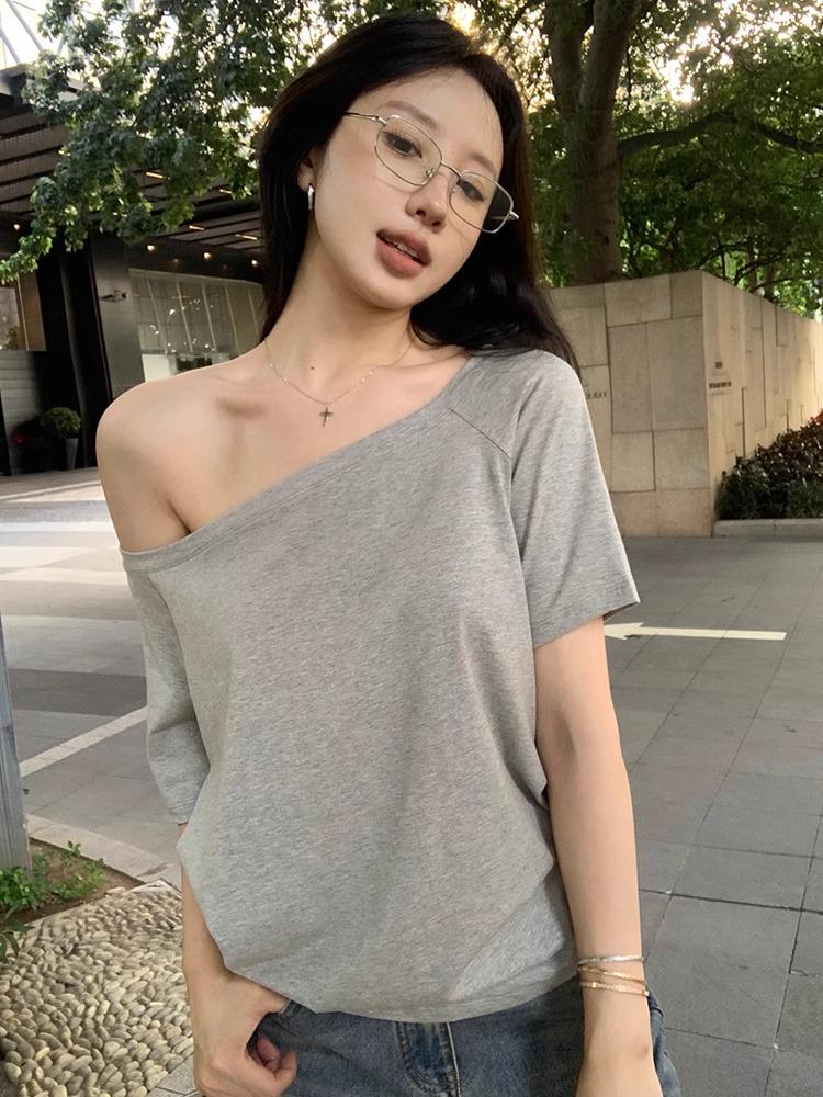 

Xinkeda Women s Off-Shoulder Two-Way Cotton T-Shirt - Summer Lightweight Breathable Loose Short Sleeve Top L серый