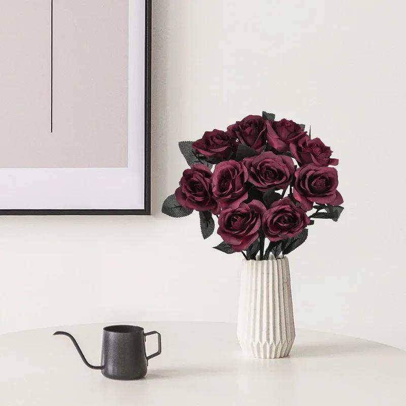 5/10pcs Dark Red Artificial Silk Rose Bouquet Realistic Fake Roses for Halloween Xmas Home Wedding Party Decor