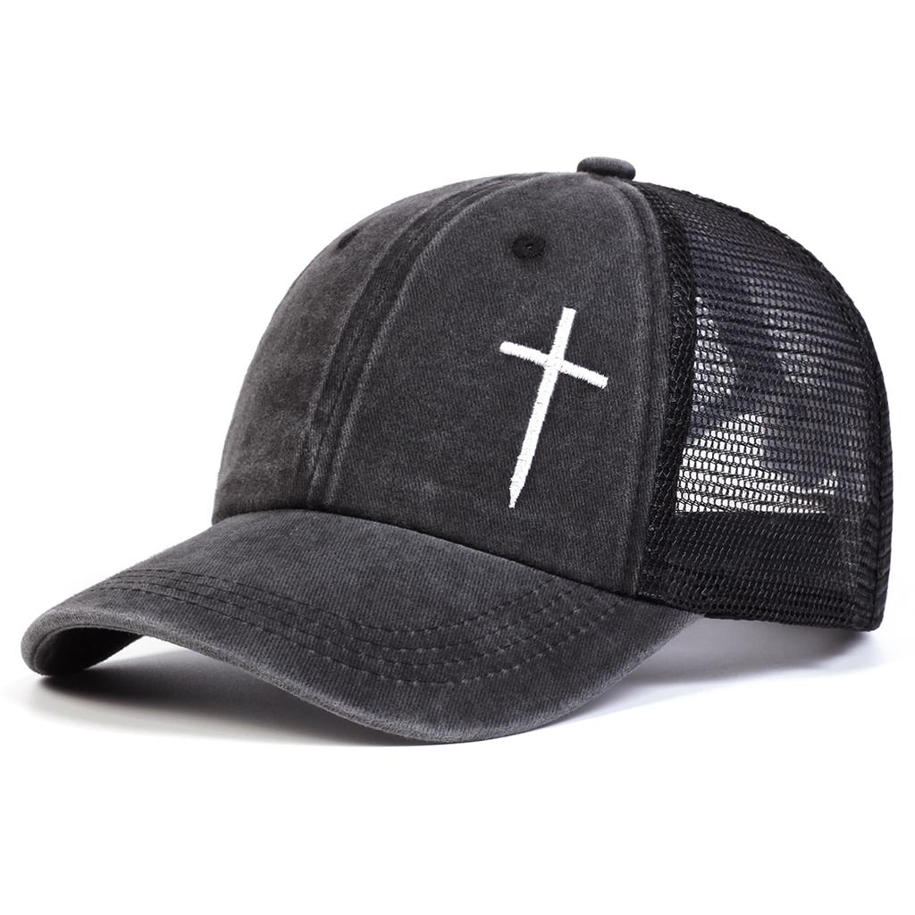 Unisex Cross Embroidery Washed Baseball Net Caps Spring and Summer Outdoor Adjustable Casual Hats Sunscreen Hat