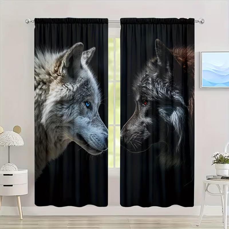 2pc Black Wolf Pattern Curtains 3D HD Printed Light Blocking Drapes Wild Animal Theme Home Decor for Living Room Bedroom