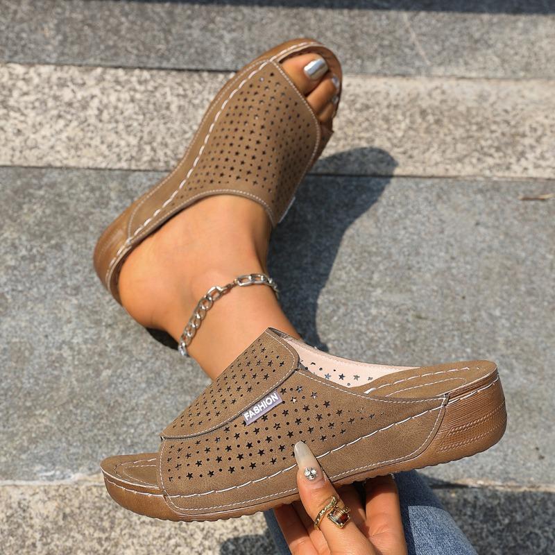 

Большого размера новые полые сандалии на танкетке с качающейся линией, сандалии большого размера с круглым носком, ретро, однотонные женские сандалии 43 коричневый