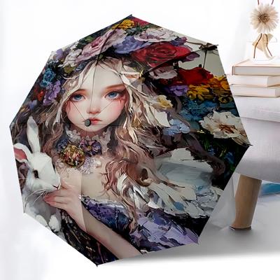 1pc Alice In Wonderland Pattern Beautiful Looking Automatic Folding Umbrella, 3 Folding, 8 Iron Frame Design, Durable and Suitable for Travel and Dail