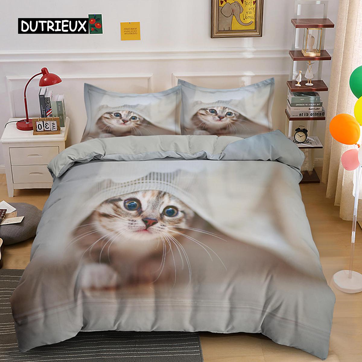 

Комплект постельного белья с изображением животных, милый кот, постельное белье для детей, пододеяльник, наволочка, одеяло, чехол, милый котенок, мягкий полиэстер, пододеяльник EU single(135x200cm)