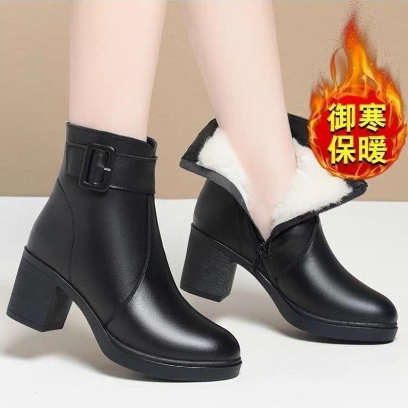 Soft Leather Medium Heel Short Boots Women's Autumn and Winter Single Boots Thick Heel Mother Cotton Shoes Piled Thickened Cotton Boots Martin Boots
