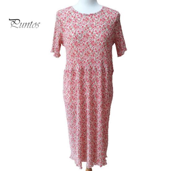 Summer Women Dress Small Flower Print Crew Neck Loose Short Sleeves Pleated Mid-calf Length Pullover Dating Shopping Midi Dress