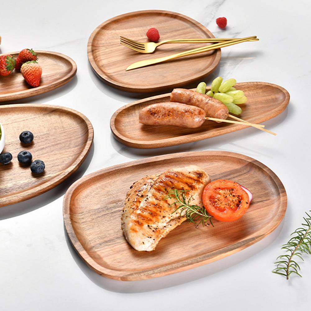 1PC Irregular Oval Wooden Dinner Plate Serving Tray Solid Wood Dinner Plates For Dishes Snack Fruit Dessert Home Decoration