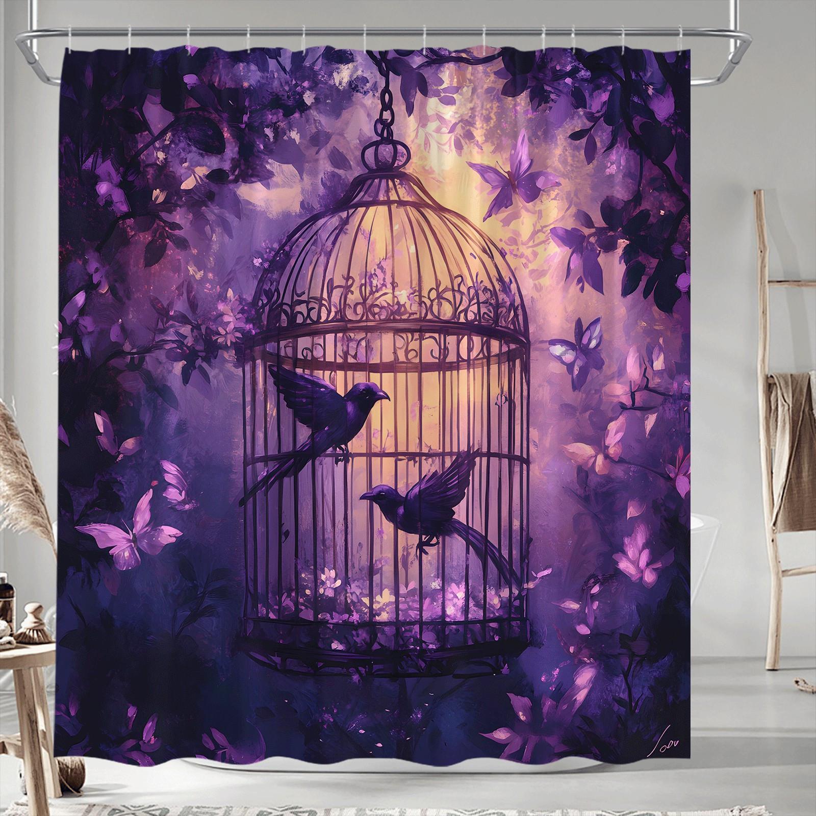 

1Pc Purple Garden Birdcage Shower Curtain, Dream Garden With Butterflies At Dusk, With 12 Hooks. W60H190(CM)-1 Pcs