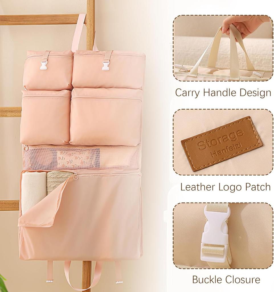 Hanging Storage Organizer with 6 Pockets, Portable and Foldable Closet Organizer for Easy Storage (Off- white)