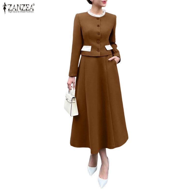 ZANZEA Women Long Sleeve Blouse and Skirts Casual Two Piece Suit Sets