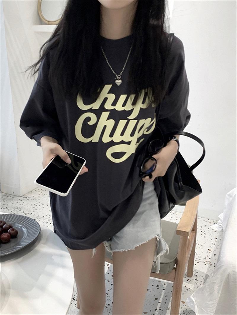 

2025 Summer Blue Cotton Short Sleeve T-Shirt Women s Loose Casual Versatile Printed Medium and Long Top XXXL