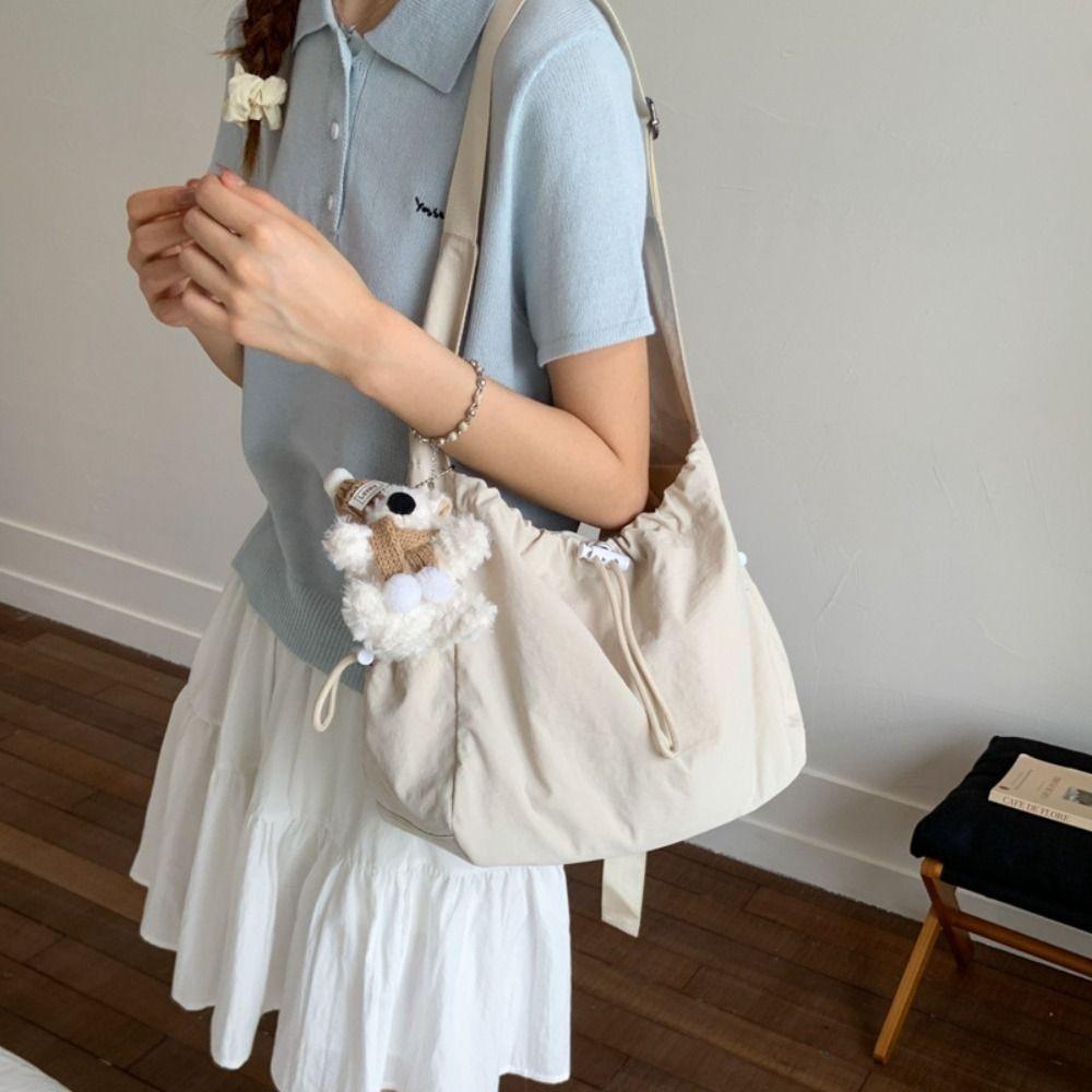 Large Capacity Drawstring Tote Bag Korean Crossbody Bag Casual Nylon Shoulder Bag Office Worker