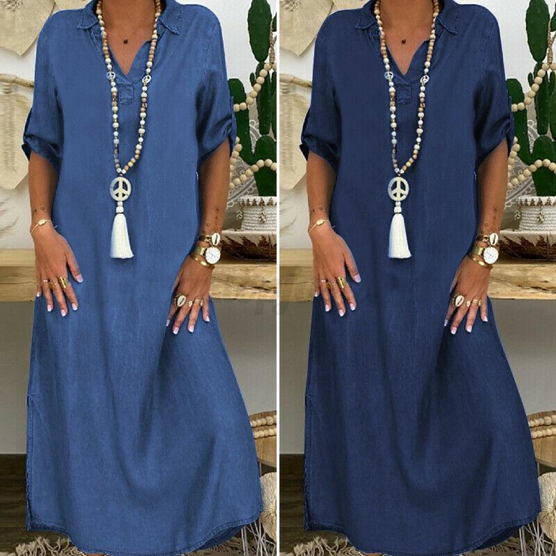 2024 Plus Size Women's Denim Dress - European & American Style, Solid Color