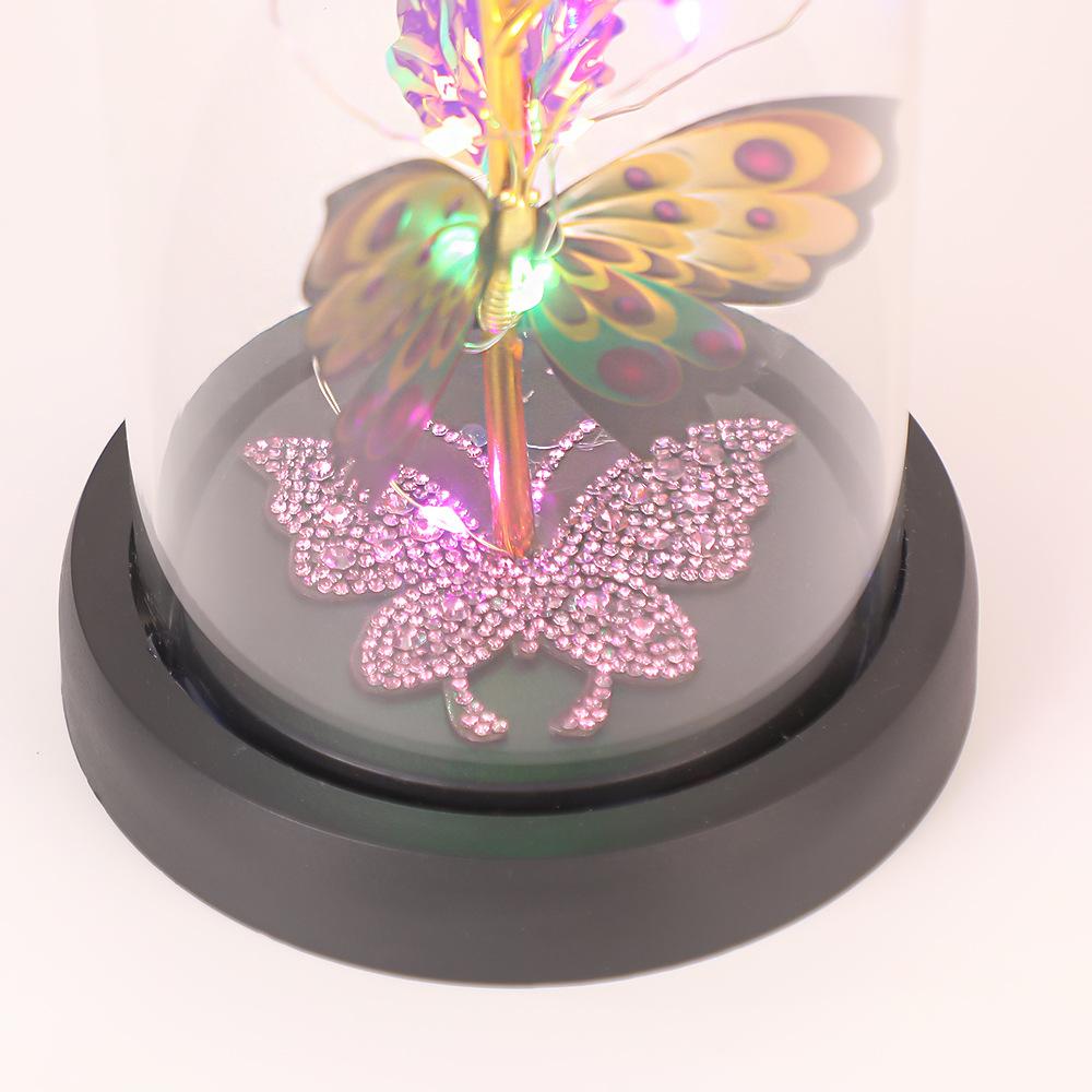 Butterfly Water Brick Gold Foil Flower with Lamp Glass Cover, Bedroom Rose Night Light Ornament, Valentine's Day and Mother's Day Gift.
