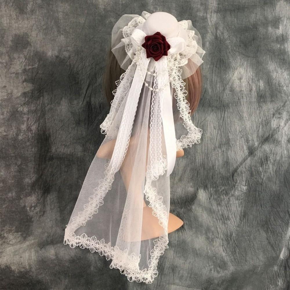 Pălărie Lolita Neagră sau Albă, cu Flori, Decor cu Fundă, Elegantă, Pălărie Înaltă, Voal Gotic, Pălărie Înaltă cu Trandafir, Bărbați