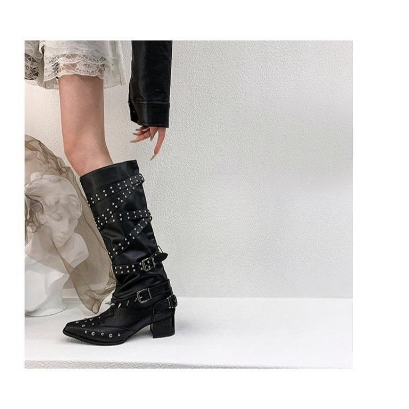 Riveted Shoes, Pointed-toe Knight Boots, Knee-length Long Boots, New Thick-heeled Cowboy Boots