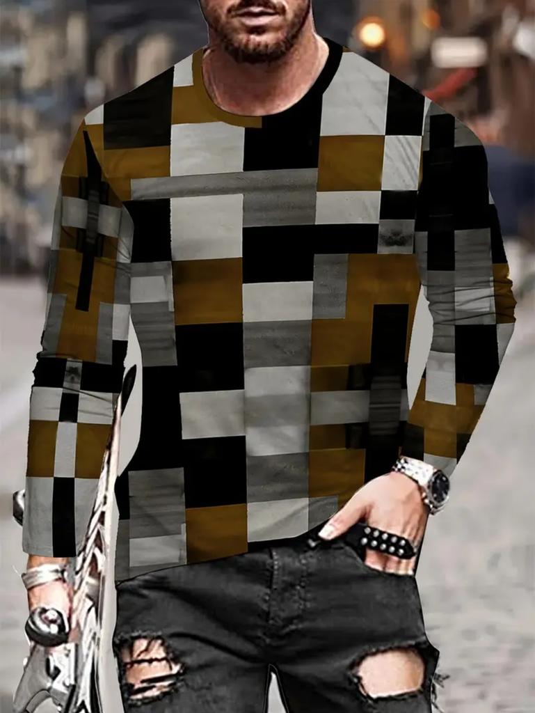 Vintage T-Shirt for Men Patchwork Grid Graphic T Shirts 3D Print Long Sleeve Tee Oversized Man Clothing Tops Creative Clothing