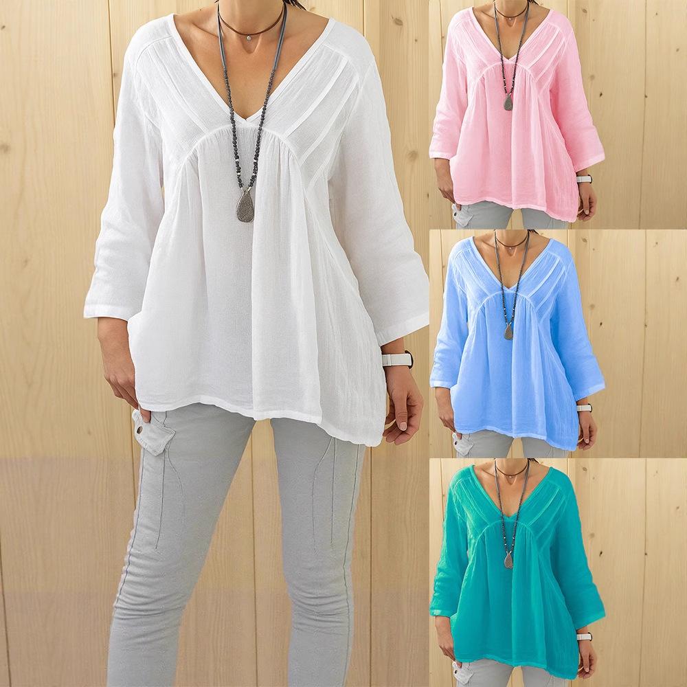 New Women's Casual V-neck Long-sleeved Loose Pullover Solid Multi-color Women's T-shirt