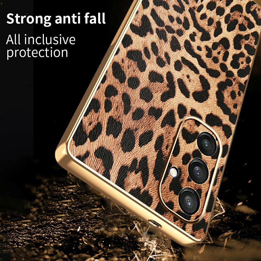 For Samsung Galaxy S24 Case Leopard Print PU Leather Coated PC + TPU Electroplating Phone Cover