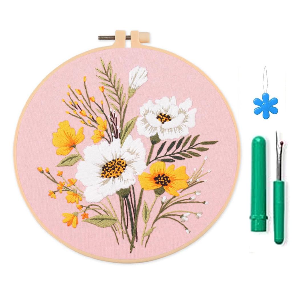Embroidery Starter Kits with Pattern and Instructions Cross Stitches Set Flower Plant Stamped Embroidery Hoop Needlework