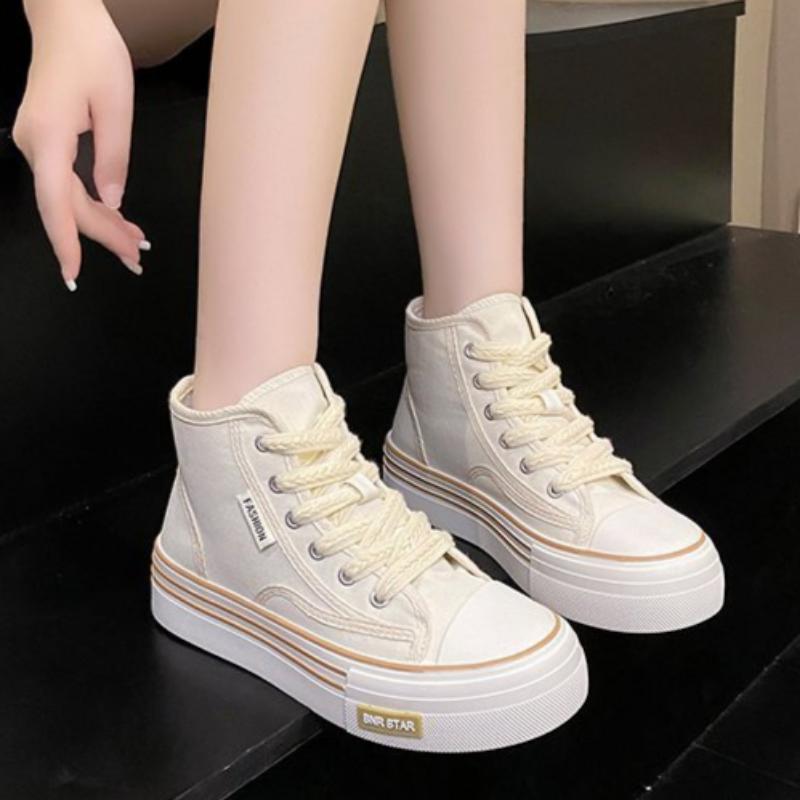 Spring, Summer, Autumn and Winter Women's Shoes Women's Sneakers Canvas Shoes Mid-cut Round Toe Lace-up Casual All-match Shoes