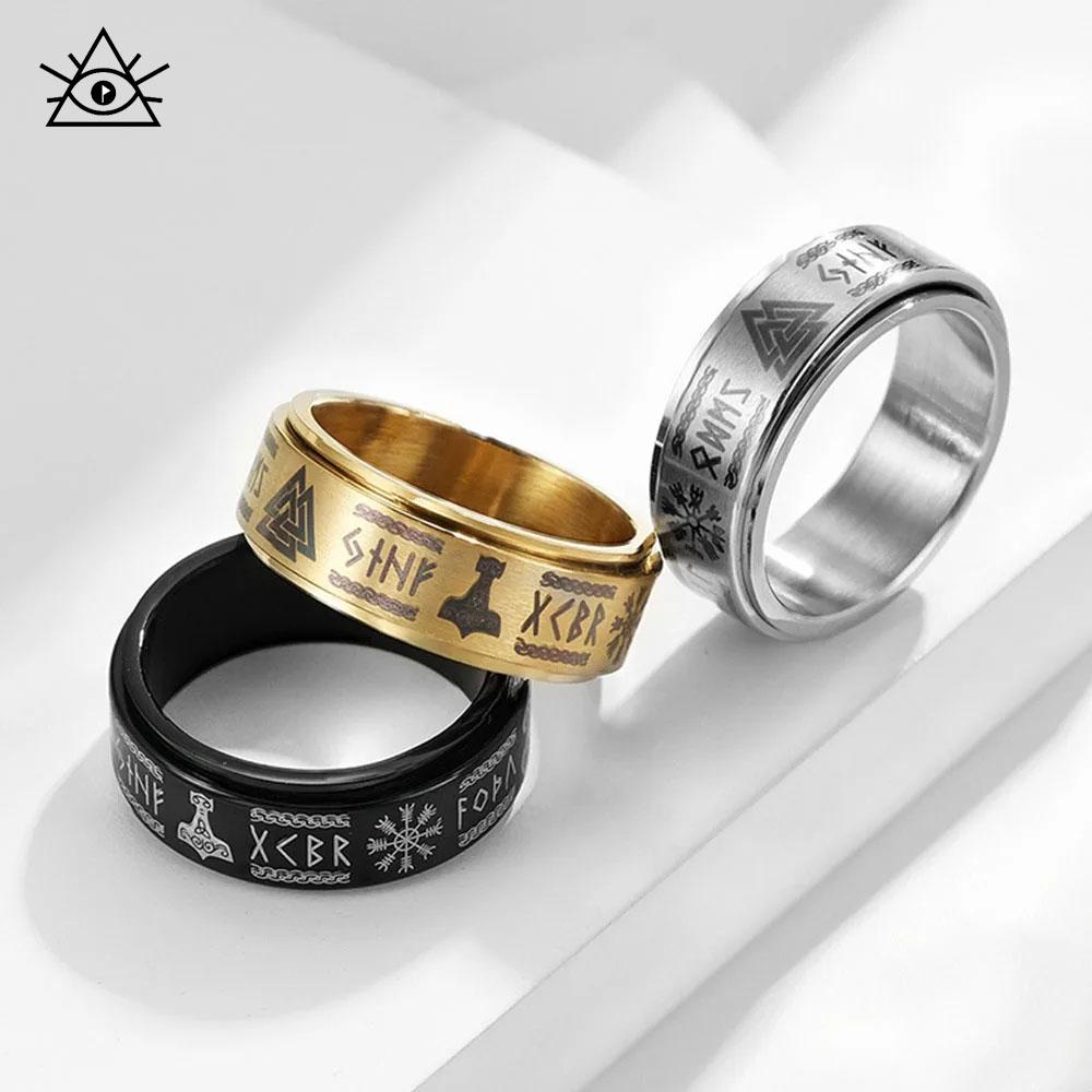 Nordic Rune Rotatable Titanium Steel Couples Ring, Rune Engraved Stress Relief Men's Rings