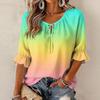 Women's Fashion Round Neck Tie Gradient Print Ruffle Three-Quarter Sleeve Blouse