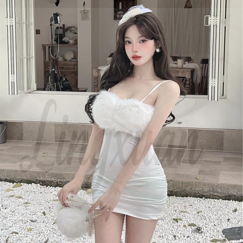 Low-cut Semi-sheer Fur Patchwork Spaghetti Strap Bodycon Dress, 2026 Niche Style
