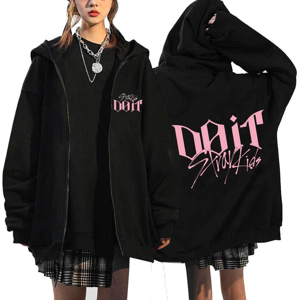 Sudadera con capucha estampada suelta con cremallera Harajuku de Stray Kids En stock