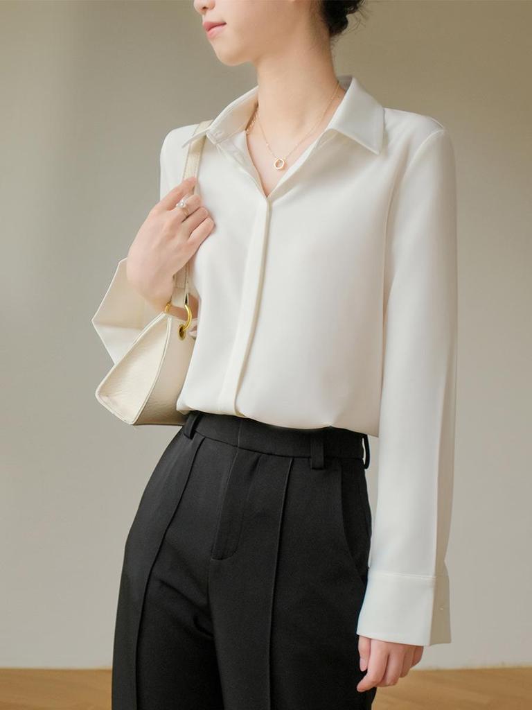 Women's Ash Blue Satin Long Sleeve Shirt - Retro Hong Kong Style, Spring Commute, Concealed Placket, Versatile Drapey Blouse