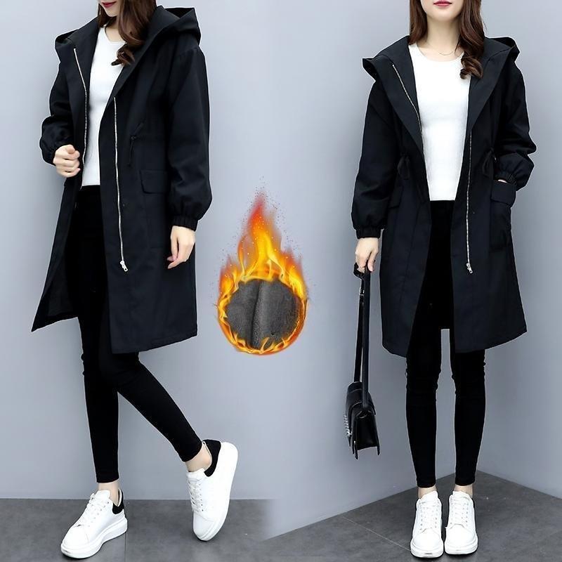 Windbreaker Women's Mid-length Autumn and Winter Four Seasons Plus Velvet and Thin Loose Hooded Plus Velvet Jacket
