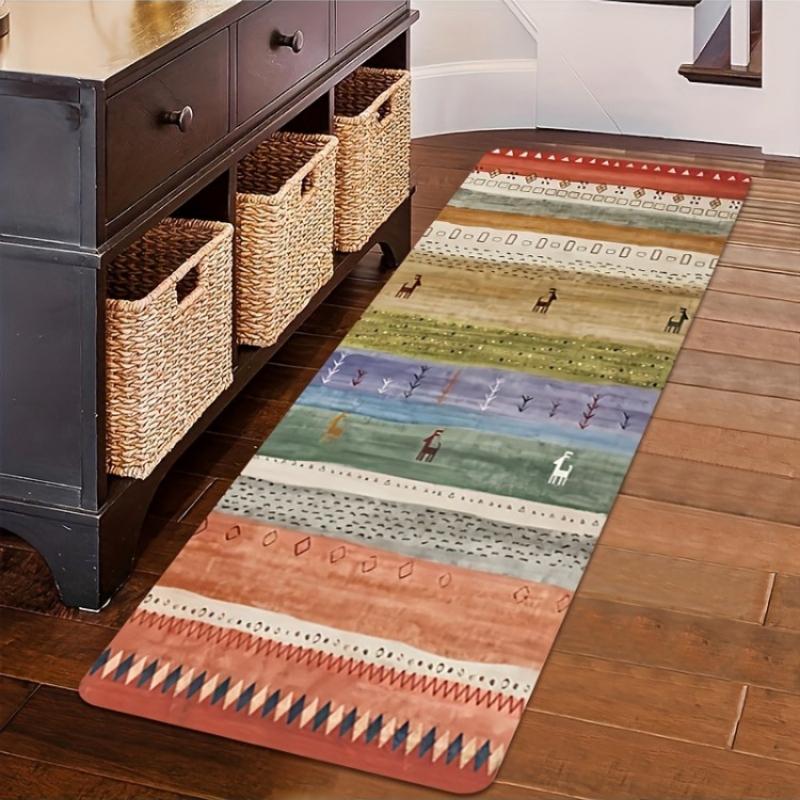 Vintage Pastoral Multi-color Stripe Deer Pattern Long Floor Runner Rug, washable soft mat, boho tribal decor for indoor entryway