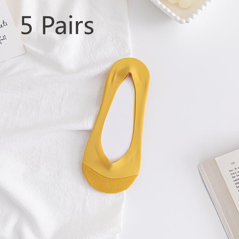 

5 пар женских летних ультратонких носков-следочков с силиконовой нескользящей подошвой из ледяного шелка для летней обуви с неглубоким вырезом. Невидимые носки One size жёлтый