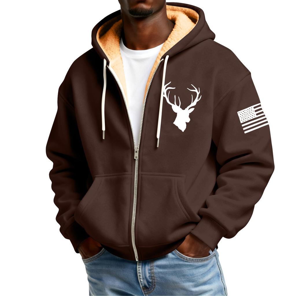 Men's Print Fleece-Lined Zip-Up Pocket Hooded Sweatshirt Cardigan Men's Casual Sweatshirt Cardigan