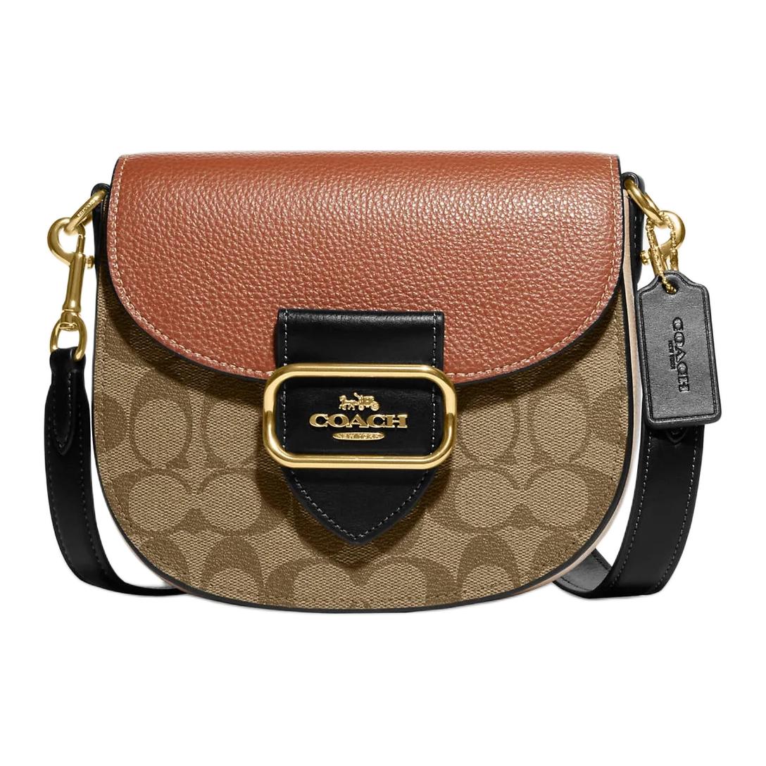 Coach Women's Brown Morgan 20 Classic Monogram Print Flap Closure Leather Saddle Bag Shoulder Bag Rust Ce565-Ime7v