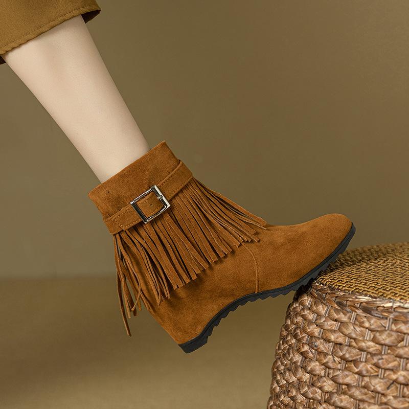 Large Size - Martin Boots Inner Heightening Brown Tassel Short Boots Short Suede Round Head