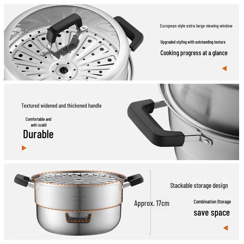 Joyoung 304 Stainless Steel Double-Layer Steamer Pot with High Arch Lid, 28cm