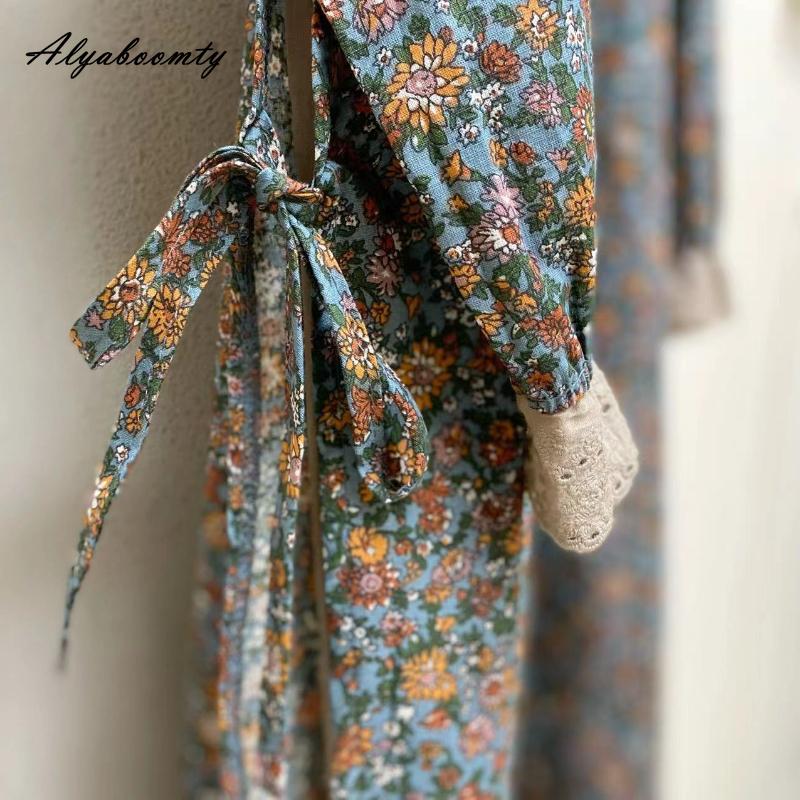 Japanisches Mori-Mädchen Frühling Herbst Damen Midikleid Rüschenkragen Blumendruck Patchwork Retro Kleid Vintage Baumwolle Leinen Stickerei Aushöhlen Kleid