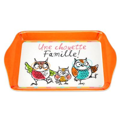 [R6784] - Small Multi-colored Orange 'Chouettes' Melamine Tray (A Nice Family! ) - 21x14cm