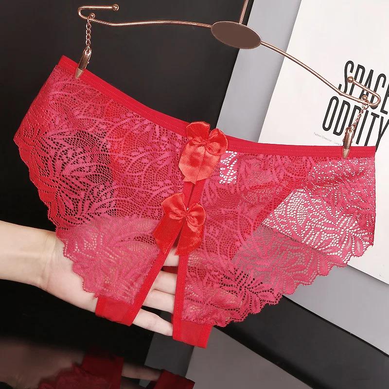 M L XL Plus Size Lace Panties Women Sexy Open Crotch Thongs Temptation Transparent Nightwear Underwear Breathable Lingerie