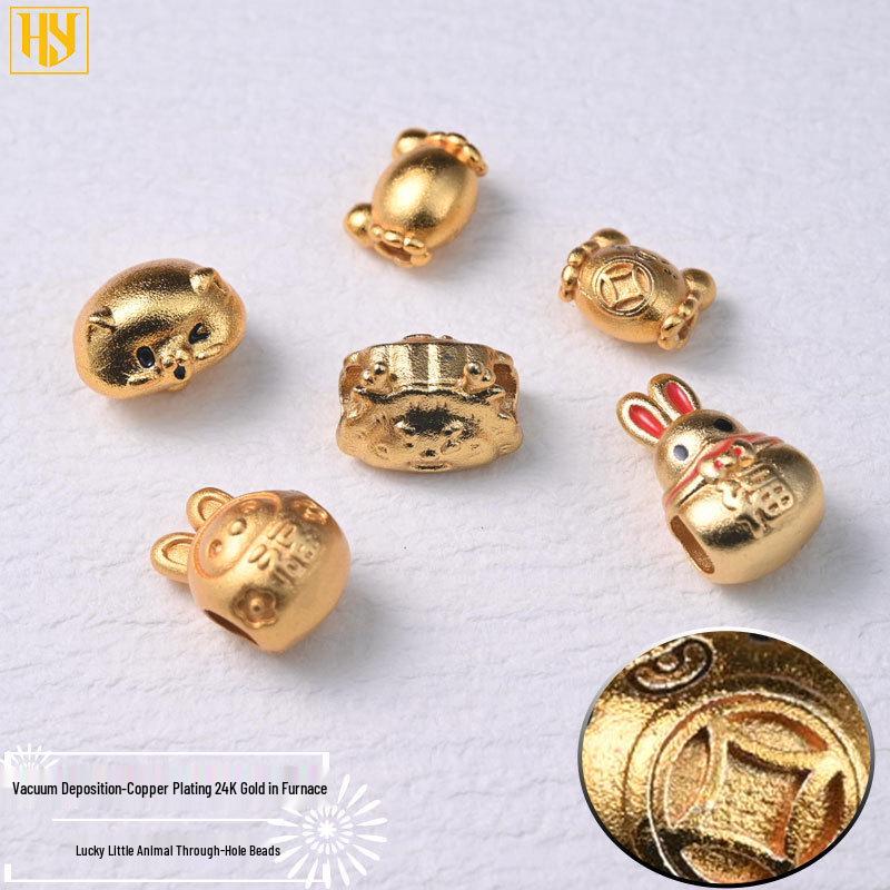 Copper-Plated Sand Gold Wealth Crab Dumpling Spacer with Lucky Rabbit Bead for DIY Jewelry Making