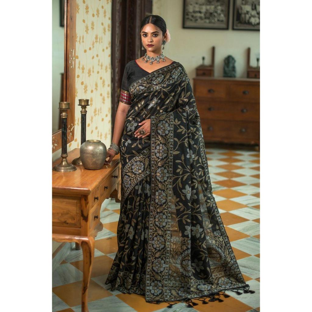 Soft Linen Silk Saree with with Beautiful Zari Woven Temple Border and Zari Pallu with Fancy Tassels and Running Blouse Piece