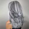 Silvery Gray Ombre Layered Wigs with Curtain Bangs for Women Synthetic Short Light Grey Wig Layered Gray Wavy Bob Wig Highlight