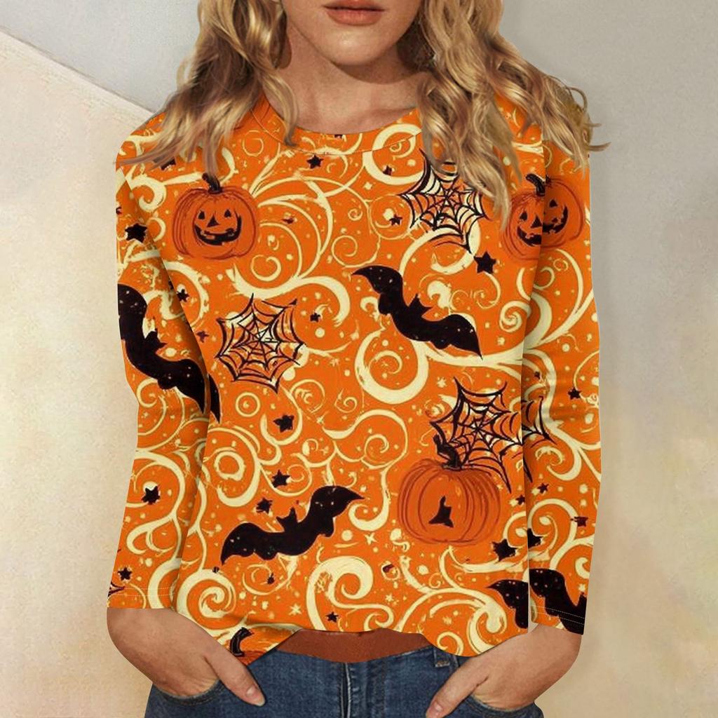 Women's Fashion Casual Halloween Printed Round Neck Long Sleeve Pullover Top
