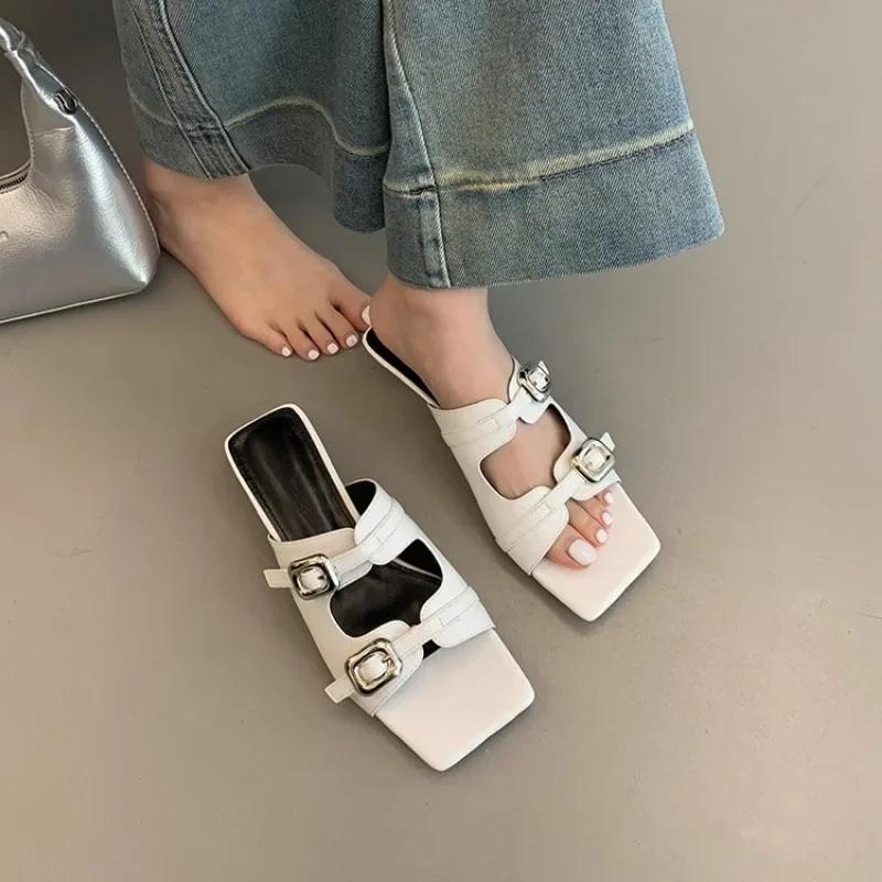 Women Summer Slippers Low Heels Shoes for Women New Square Toe Retro Metal Buckle Sandalias De Mujer Fashion Slip On Flip Flop