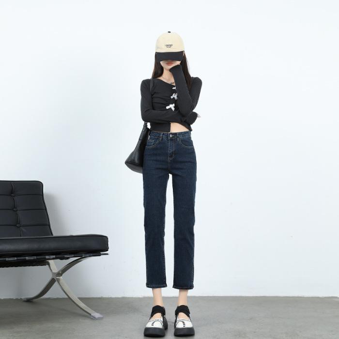 Slit Straight Jeans for Women, High Waist Straight Trousers for Women, Slim Hair, Nine-point Pants, Cigarette Pants for Women, Autumn